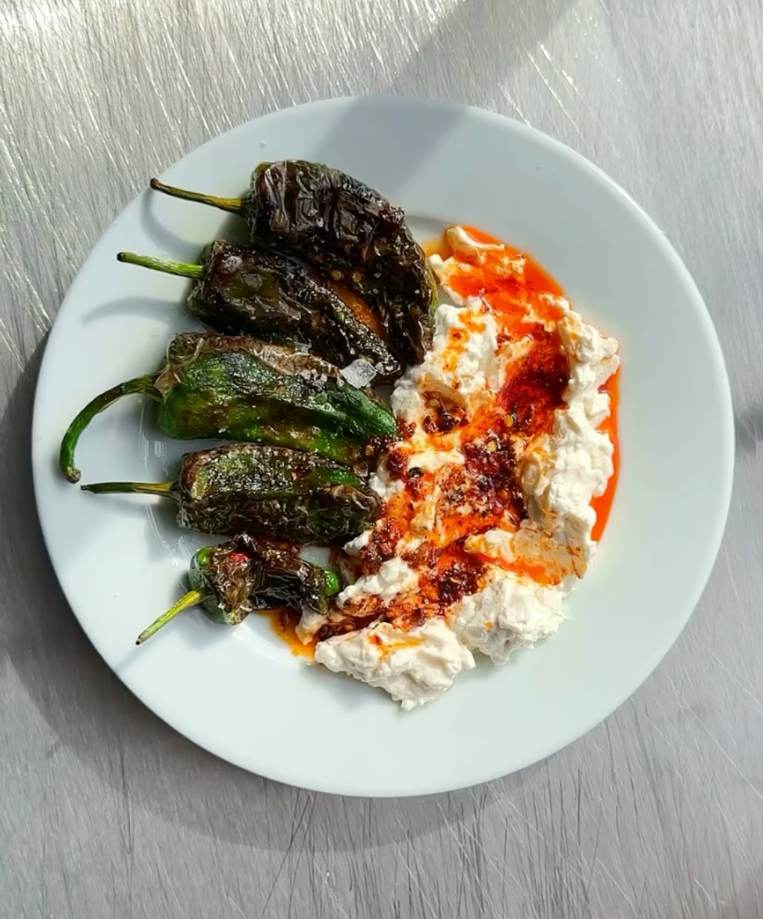 SAUTÉED PADRON PEPPERS W. SUPERSTRACCIA & CHILLI OIL – JULIENNE BRUNO